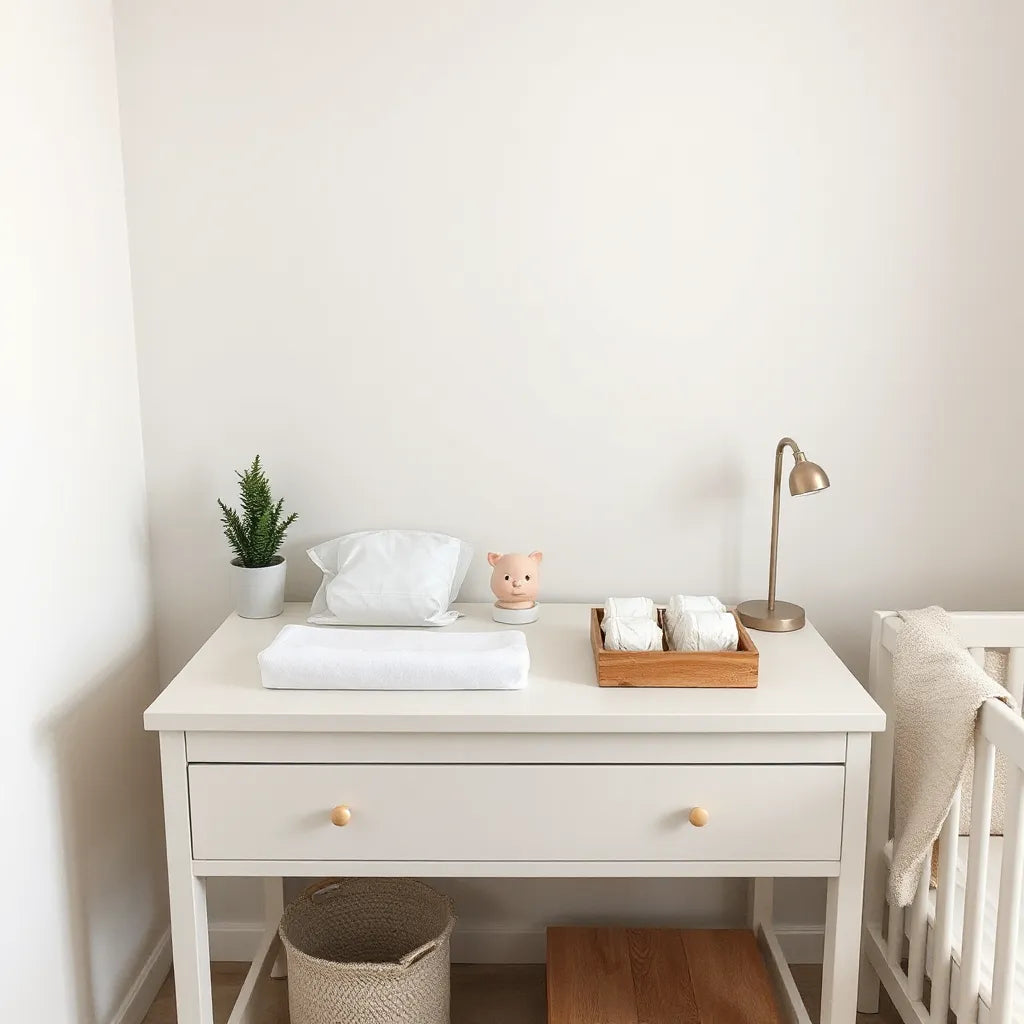 Modern changing table in a bright nursery with organized baby essentials and a changing pad