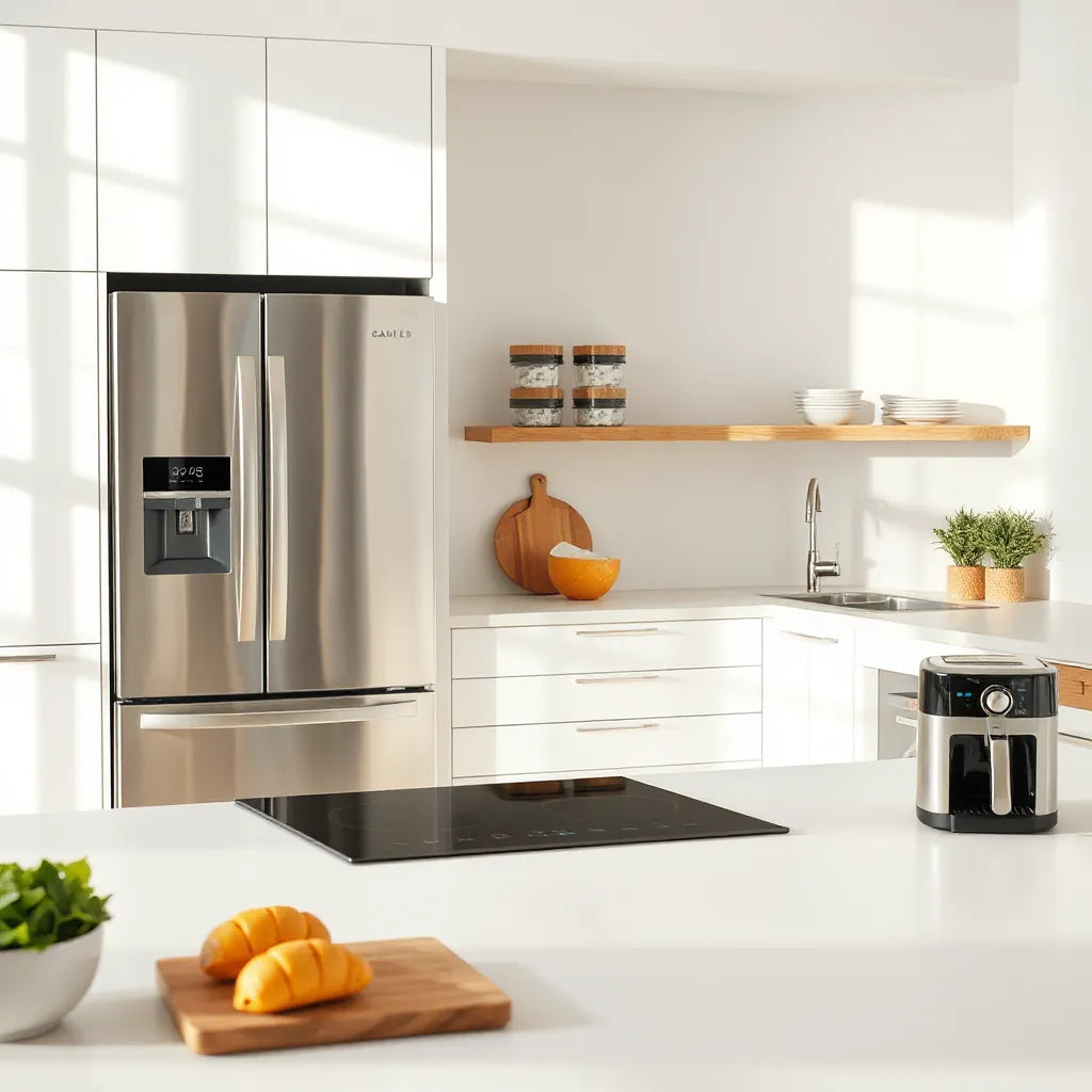 Modern smart kitchen with stainless steel appliances and a clean countertop setup