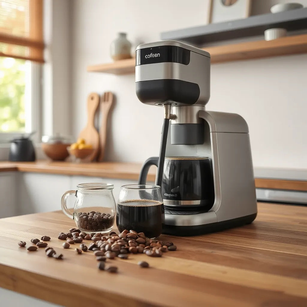 Modern electric coffee grinder on a wooden countertop with coffee beans and a jar of freshly ground coffee