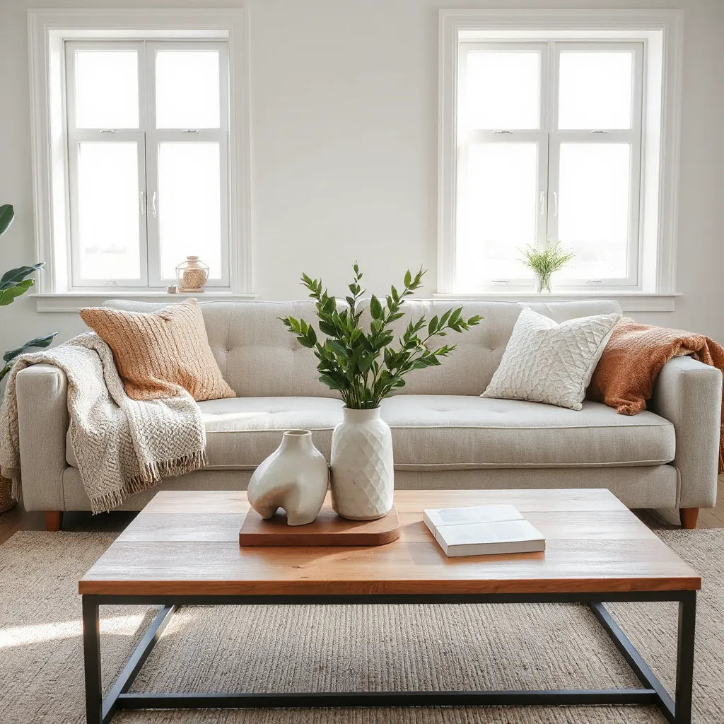 Bright contemporary living room with neutral sofa, sculptural vase, and warm minimalist decor
