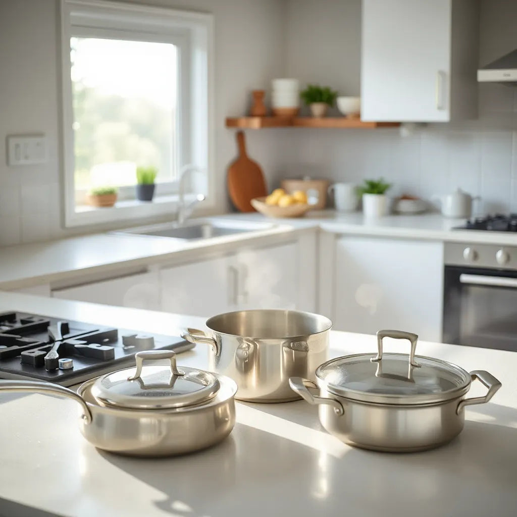 Stainless steel cookware set on a clean kitchen counter under natural light
