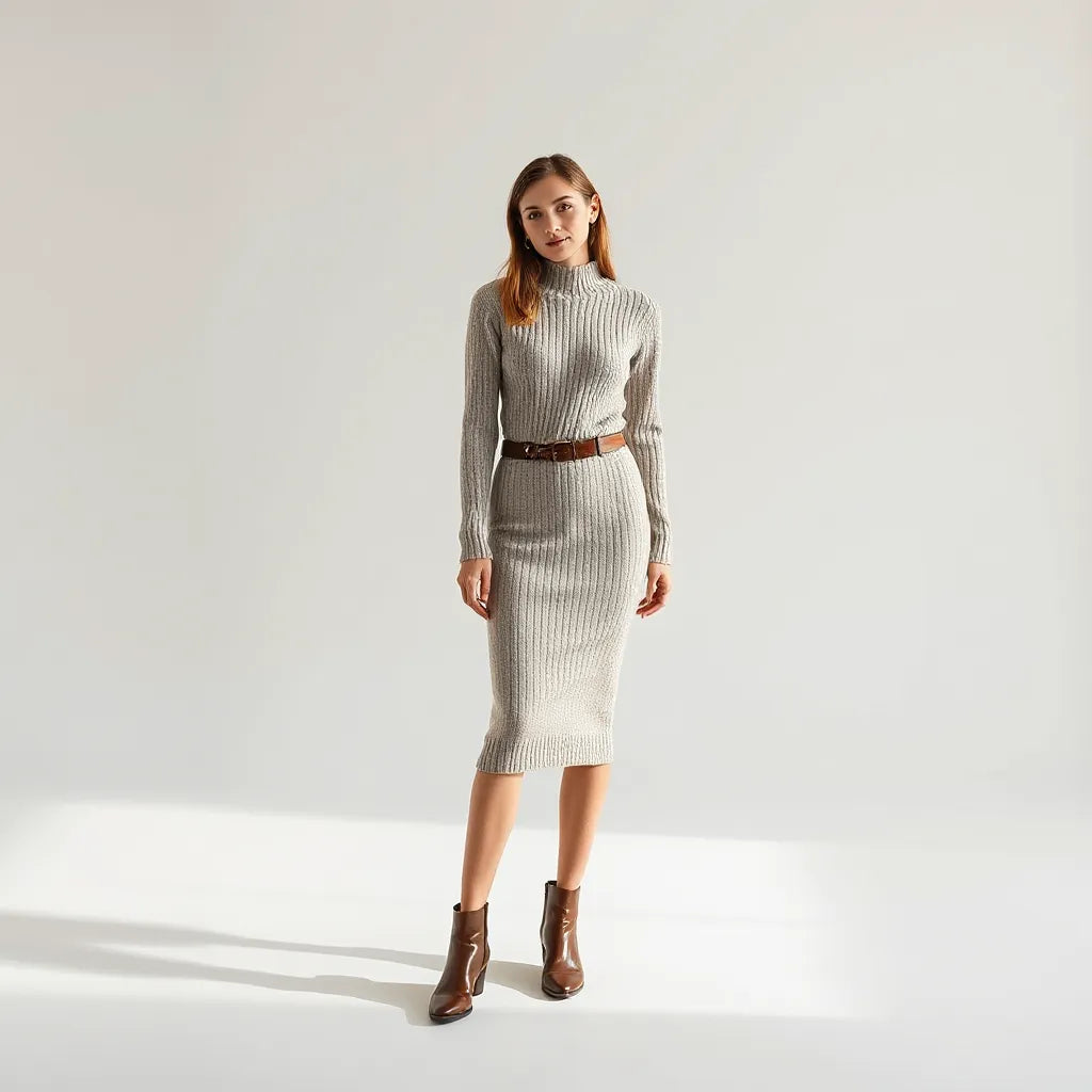 Model wearing a fitted knit bodycon sweater dress with simple accessories in a minimal studio setting