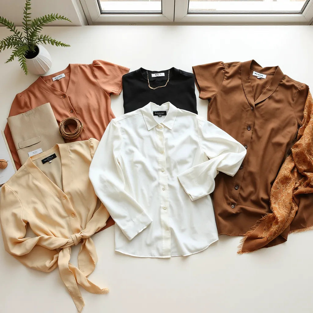 Assorted stylish blouses in neutral tones and textures arranged neatly on a tabletop