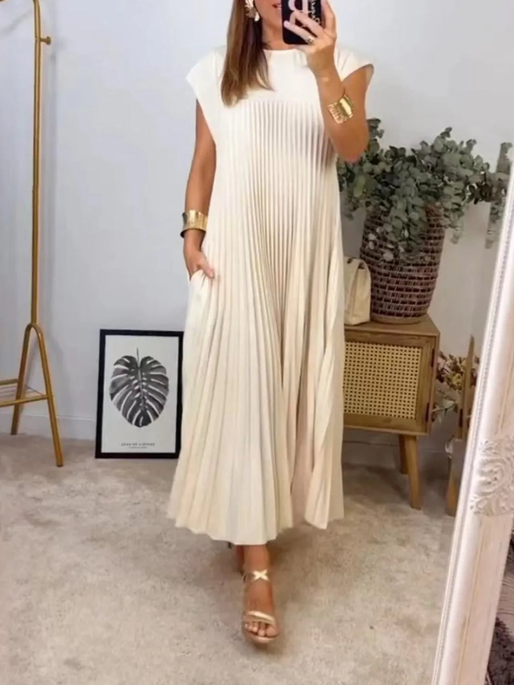 Pleated Maxi Dress - Plus Size Round Neck
