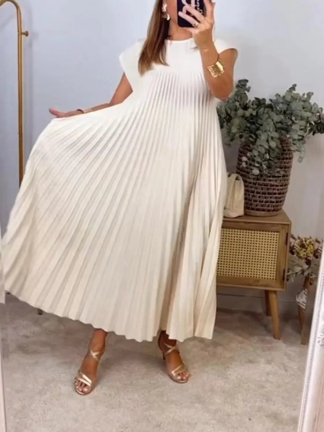 Pleated Maxi Dress - Plus Size Round Neck