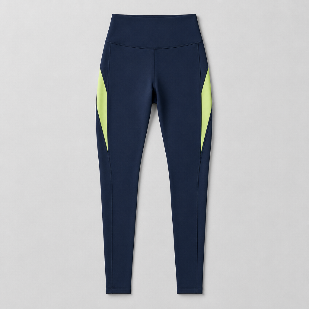 High-waisted navy sport leggings with lime side panel