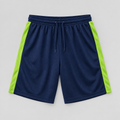 Navy mesh basketball shorts with lime side stripe