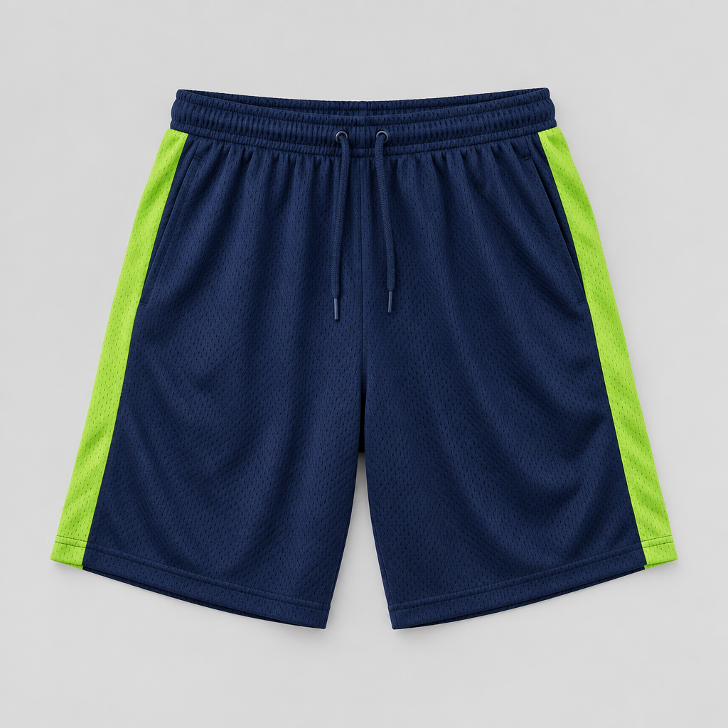 Navy mesh basketball shorts with lime side stripe