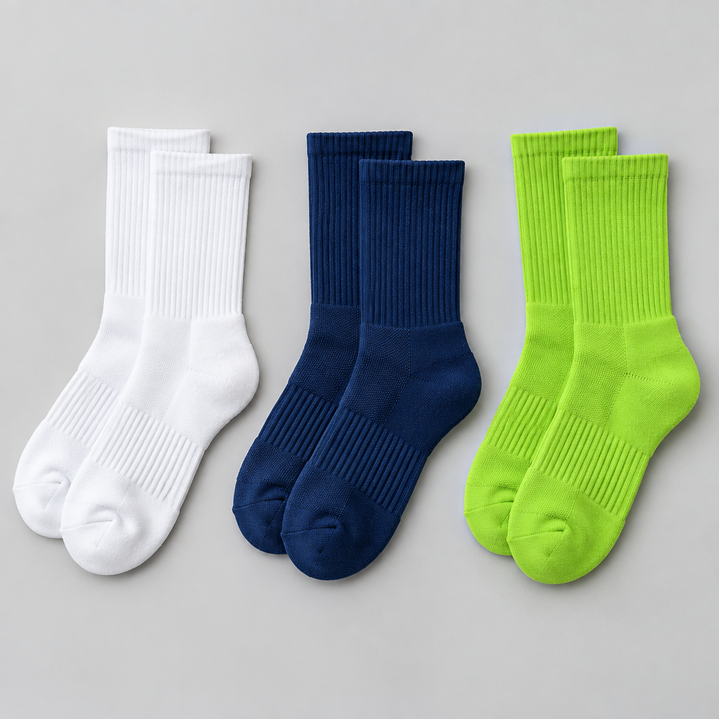 Three pairs of cushioned performance crew socks in white, navy and lime
