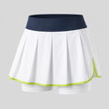 White pleated athletic court skirt with navy waistband and lime trim