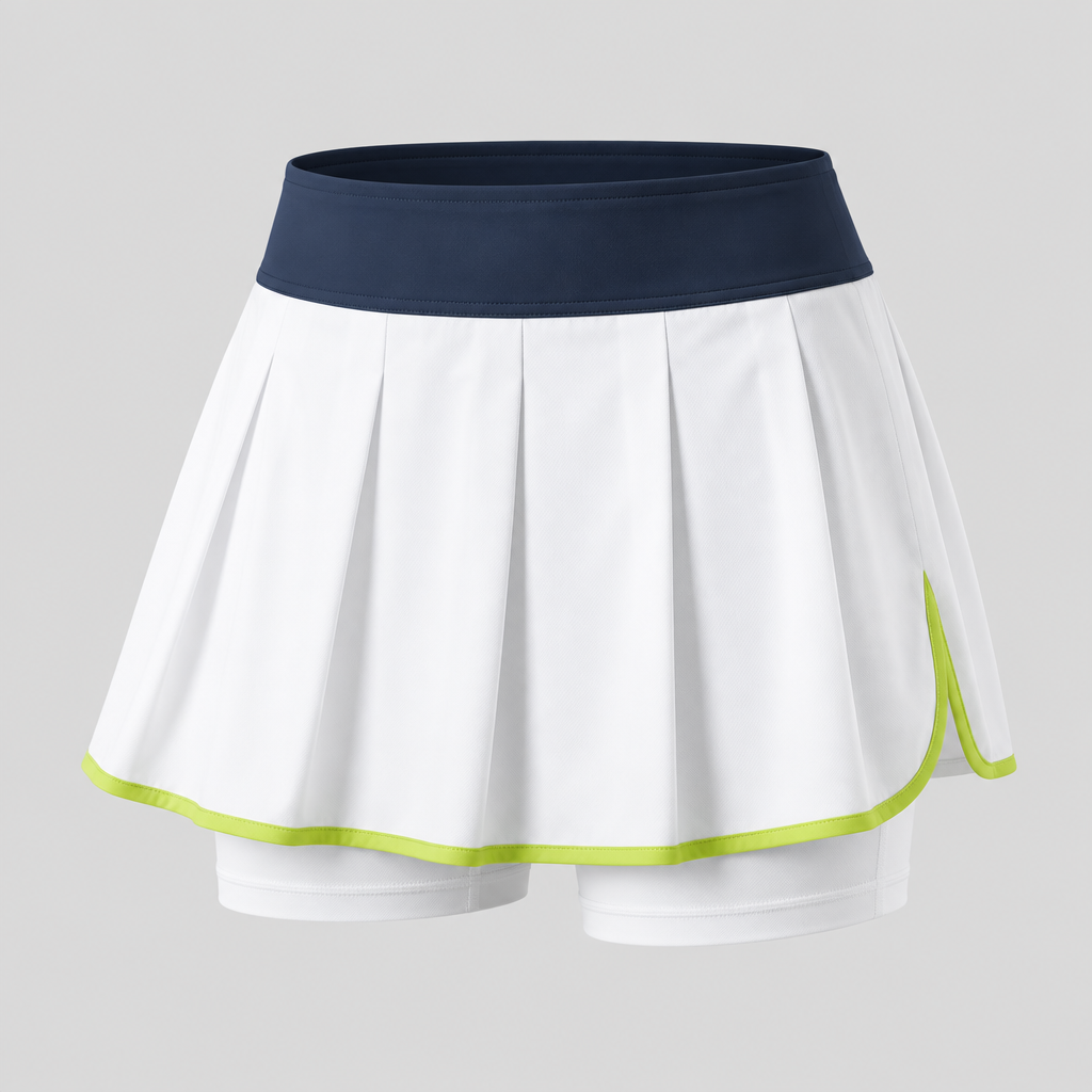 White pleated athletic court skirt with navy waistband and lime trim