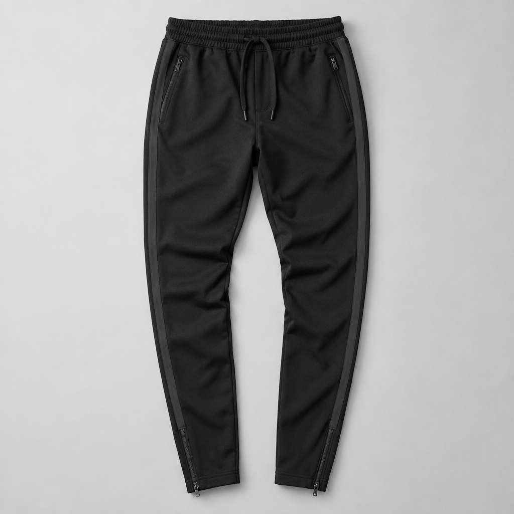 Black tapered tech joggers with zip ankle cuffs
